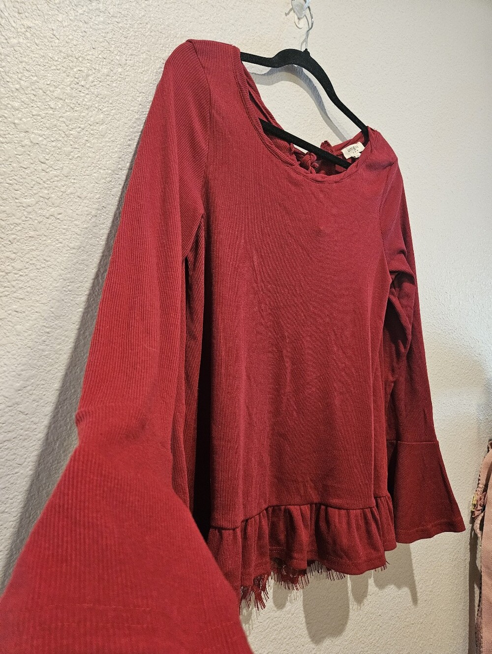 NWT Umgee Boho Tunic Lace Ribbed Blouse Top Bell Sleeves Size S